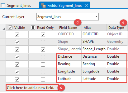 The fields created in the line feature layer attribute table.