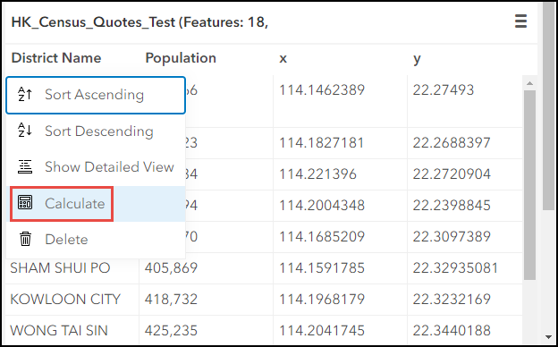 Selecting Calculate in the hosted feature layer attribute table on ArcGIS Online