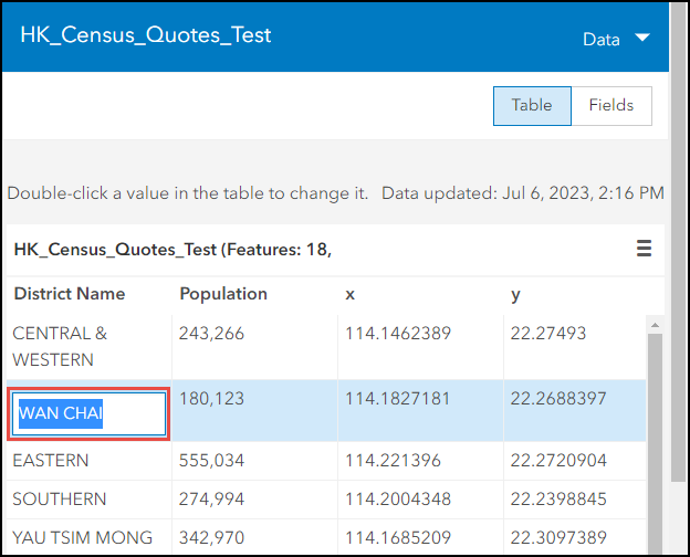 The hosted feature layer attribute table on ArcGIS Online