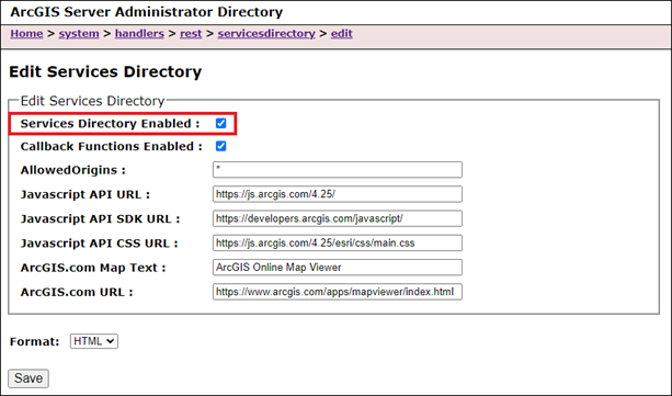 Check the Services Directory Enabled check box to enable access to the ArcGIS REST Services Directory.