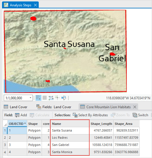 The polygon layer of the mountain lion habitats and the attribute table.