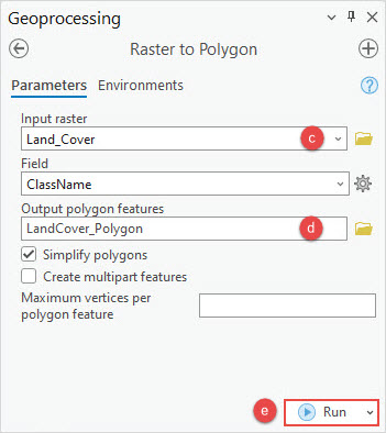 The Raster to Polygon parameters configured in the Raster to Polygon pane.