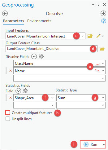 The Dissolve parameters configured in the Dissolve pane.