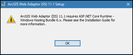 The error message returned when the machine is not installed with ASP.NET Core Runtime - Windows Hosting Bundle 6.x