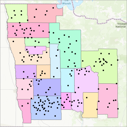 A map with point and polygon features.