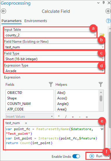 The Calculate Field pane with parameters and the Arcade expression configured.