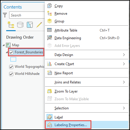 Opening the Label Class pane of the feature class from the Contents pane