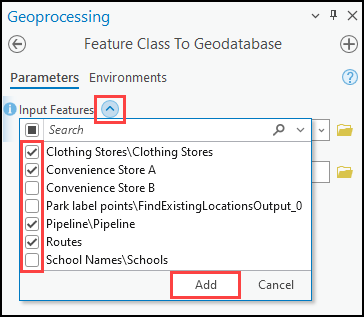 Selecting the layers to be exported in the Feature Class To Geodatabase Geoprocessing pane