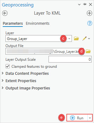 The Layer To KML parameters configured in the Layer To KML pane.