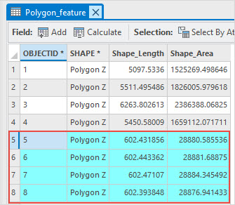 The highlighted buffer polygon attributes appended to the polygon feature attribute table.
