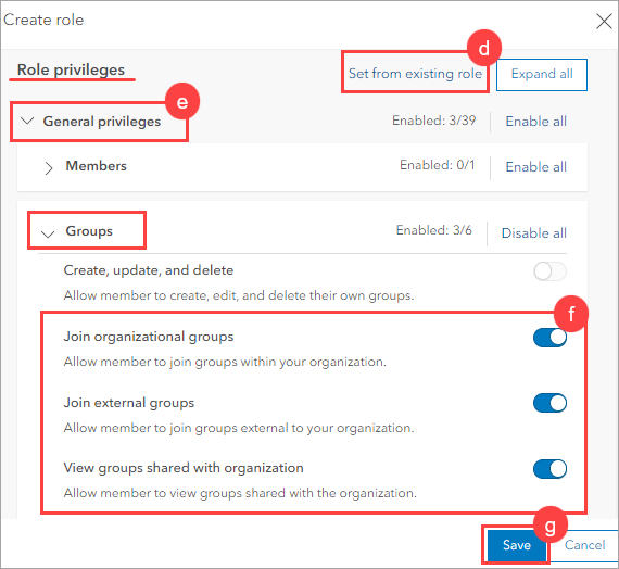 The Join organizational groups, Join external groups, and View groups shared with organization group privileges set in the Create role window.