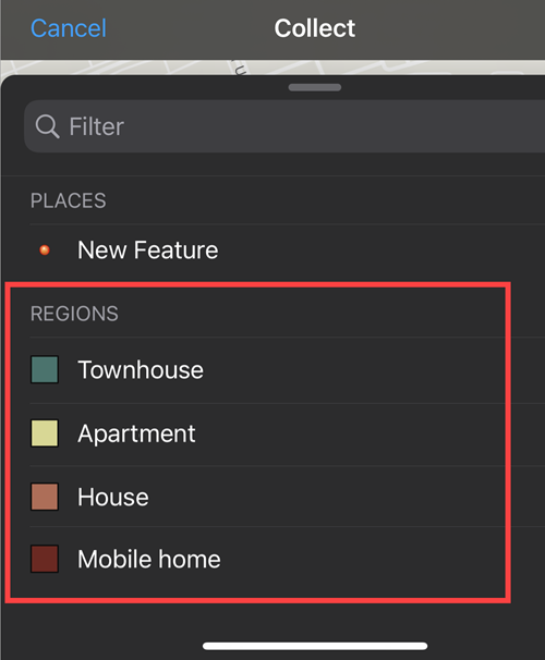 The list of feature templates in the ArcGIS Field Maps mobile app.