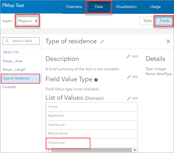 The Data tab of the feature layer in ArcGIS Online.