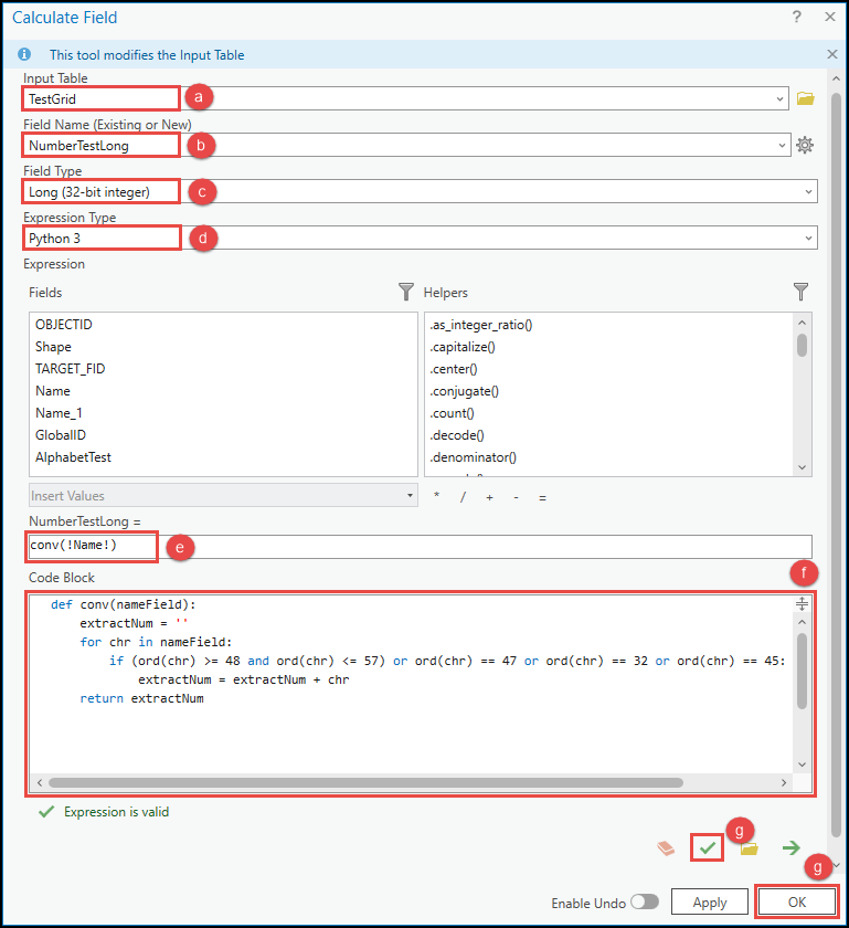 The Calculate Field tool pane with the parameters to be filled