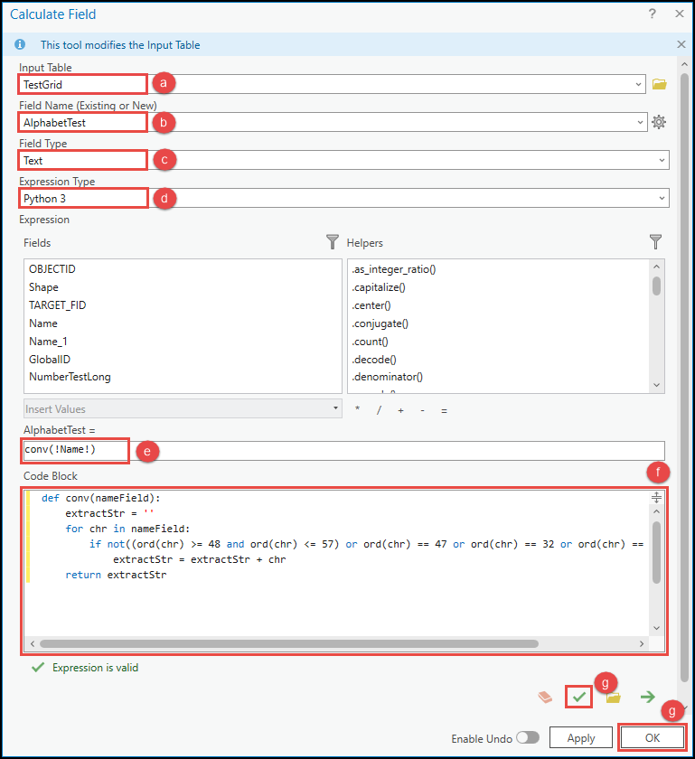 The Calculate Field tool pane with the parameters to be filled