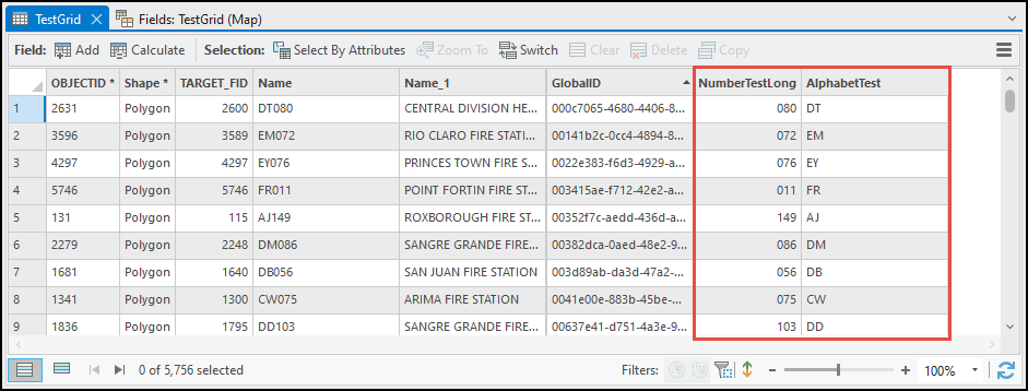 The attribute table with the new numeric and text field added