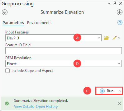 The summarize Elevation pane