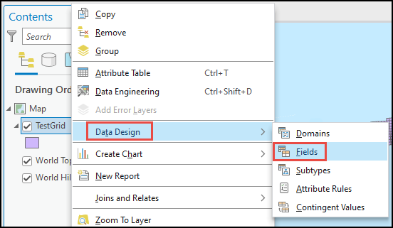 Opening the fields view of the feature class from the Contents pane