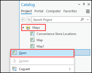 Opening a map from the Catalog pane