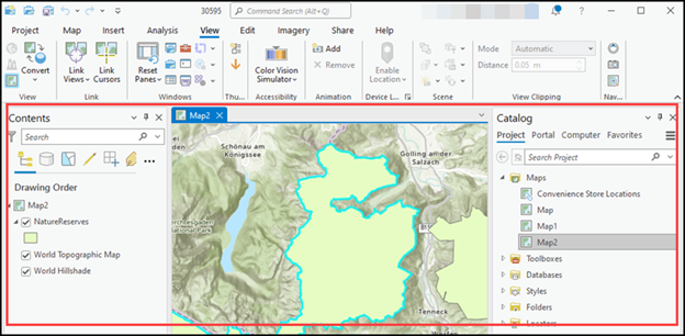 The map and two default panes open in the project