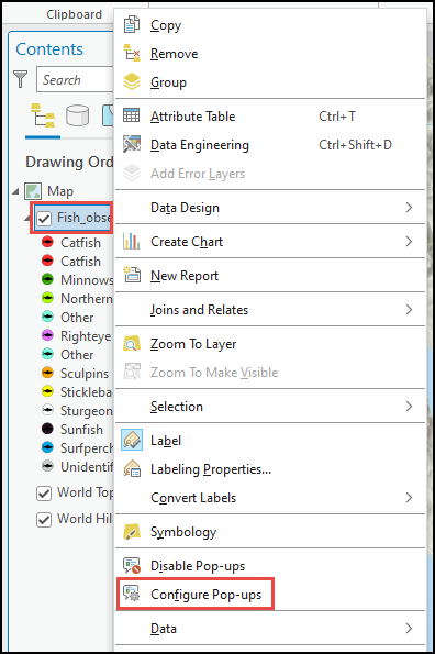 Opening the Configure Pop-ups tool of the feature class from the Contents pane