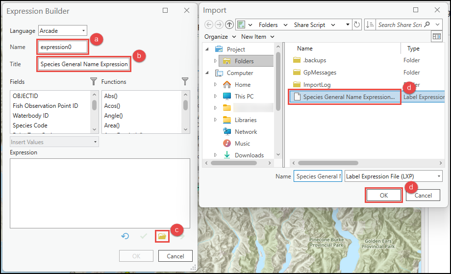 The Expression Builder and Import dialog box