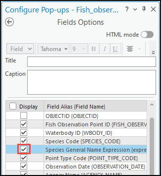 The Fields Options pane