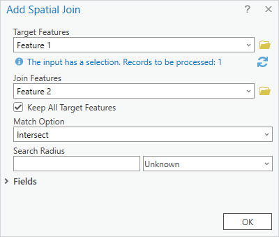 The Add Spatial Join pane in ArcGIS Pro.