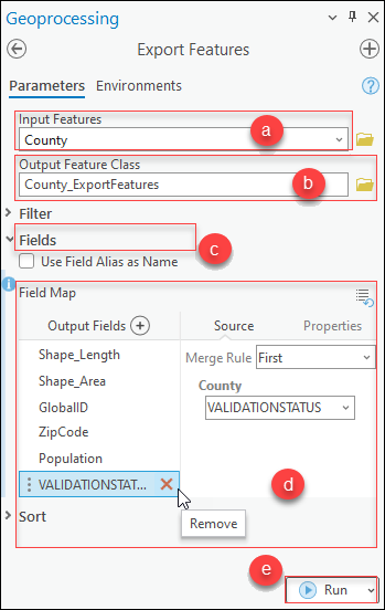 The Export Features tool configuration page