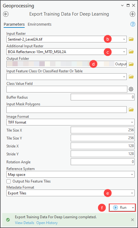 The Export Training Data For Deep Learning pane