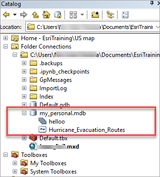 The datasets stored in the personal geodatabase in ArcMap.