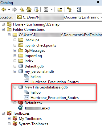 The datasets stored in the new file geodatabase in ArcMap.