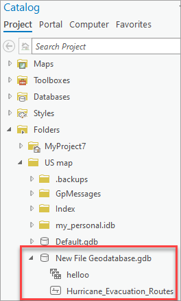 The datasets in the file geodatabase added to ArcGIS Pro.