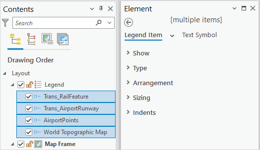 Legend items in the Contents pane are selected to be configured in the Element pane.