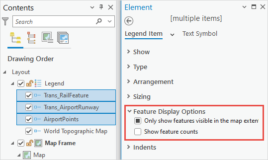 The non-applicable feature layer is deselected from the Contents pane and Feature Display Options are displayed.