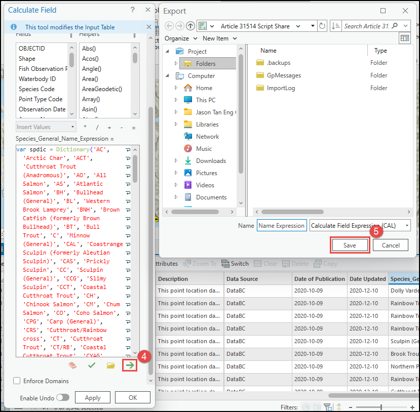 The Calculate Field and Export dialog box