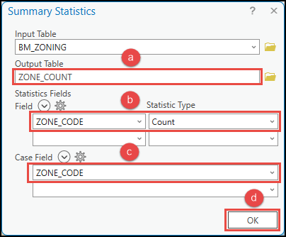 The Summary Statistics dialog box with the configured parameters