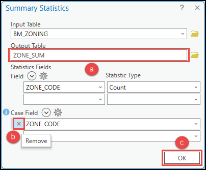 The Summary Statistics dialog box with the configured parameters