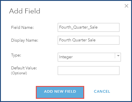 The parameters and the ADD NEW FIELD button in the Add Field window.