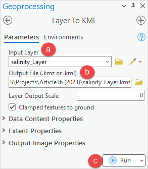 The Layer To KML tool pane to be configured.