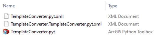 TemplateConverter.pyt.xml, TemplateConverter.TemplateConverter.pyt.xml, and TemplateConverter.pyt displayed in a file explorer.