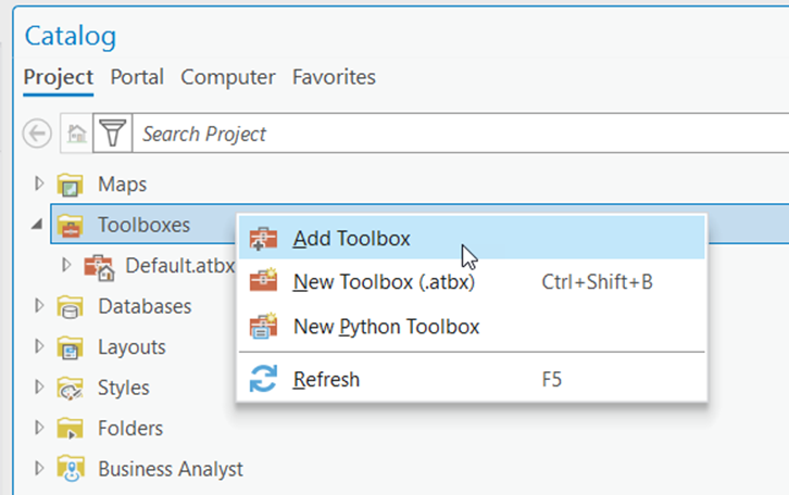 The Add Toolbox option in the Toolboxes context menu.