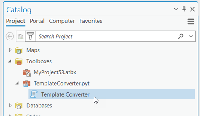 The Template Converter toolbox, listed under Toolboxes in the Catalog pane.