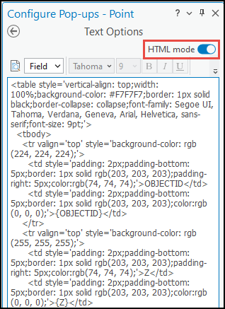 HTML mode of Configure pop-up for rich text