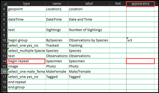 The appearance column of the nested repeat left empty in the XLSForm