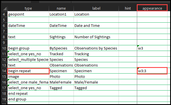 The appearance column of the nested repeat populated with the formula