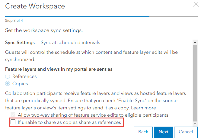 The workspace configuration in the Create Workspace window.