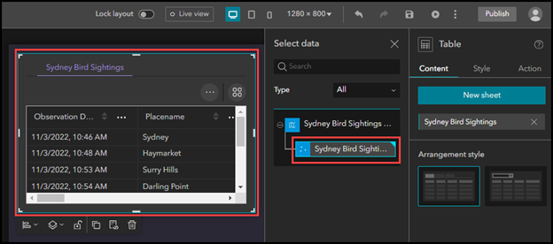 Adding the Table widget and setting the data source in the ArcGIS Experience Builder web app