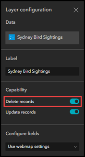 Turning on the Delete records toggle button in the Layer configuration panel