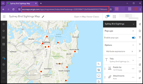 Copying the URL of the web map